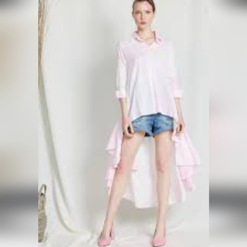 Women's Pink / White High Low Button Down Long Sleeve Flowy  Top Sz L Coquette
